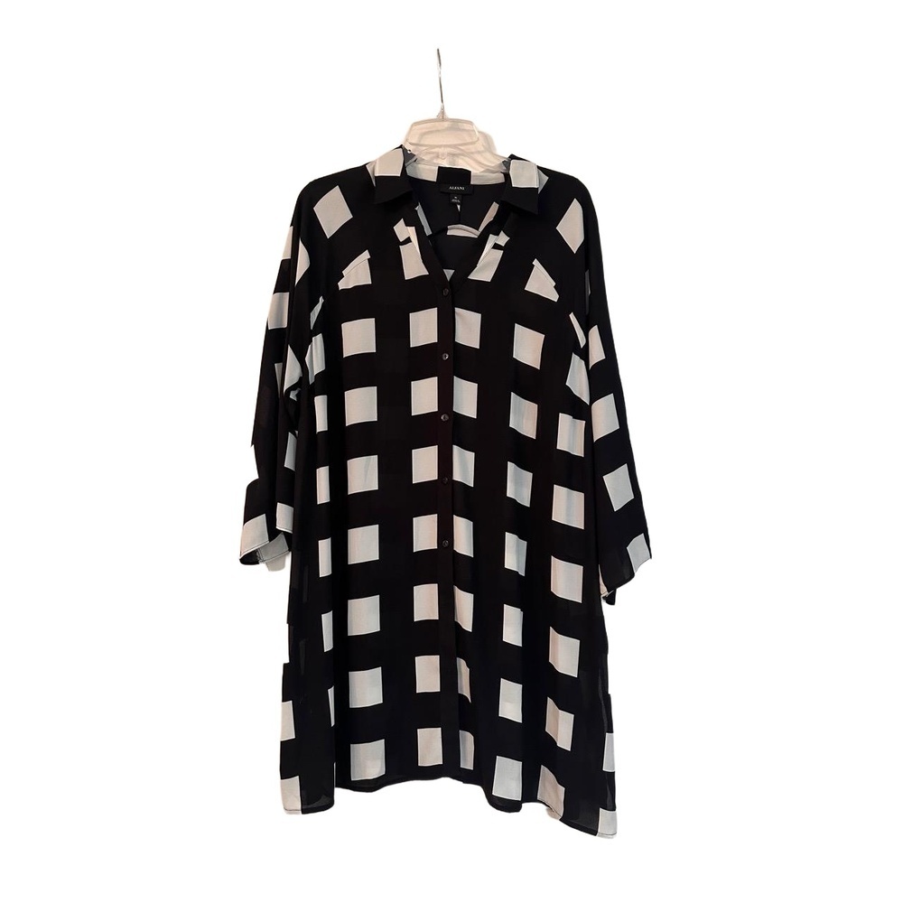 ALFANI Womens XL Black White Geometric Button-Down Tunic Roll Up Sleeve - Picture 2 of 6